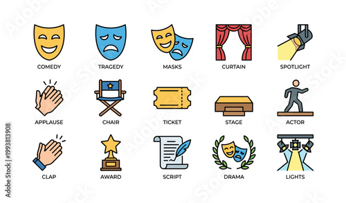 Theater icons showing performance and stage elements on white