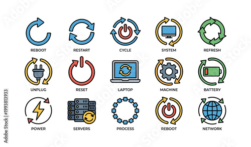 Power and restart icons arranged in grid on white background