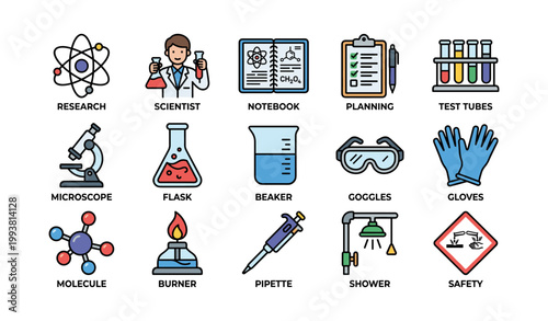 Laboratory research and safety icons arranged on white background
