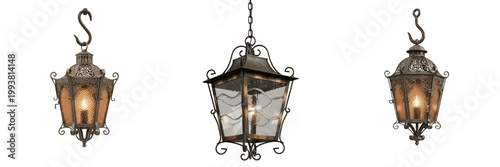 Antique Metal Hanging Lantern Set Isolated Transparent PNG