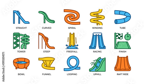 Water slide icons showing labeled slide types on white background