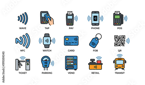 Contactless payment icon set displayed on white background