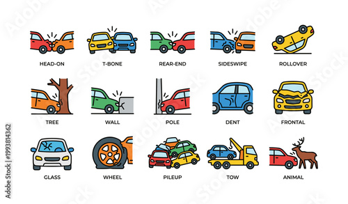 Car accident icons showing collision types and vehicle damage on white