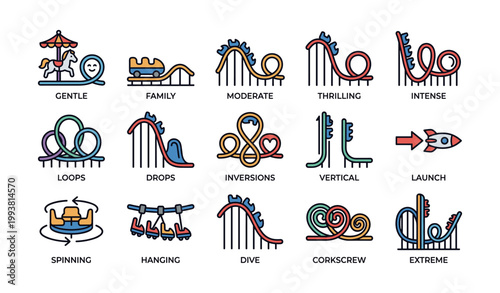 Roller coaster and ride category icons arranged on white grid