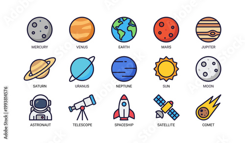 Planet and space icons arranged in grid on white background