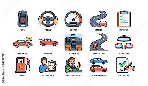 Car and driving icons showing key and steering wheel on white