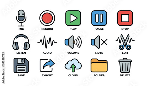 Audio and media control icons arranged in grid on white background