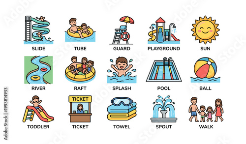 Waterpark and pool activity icons arranged in grid on white