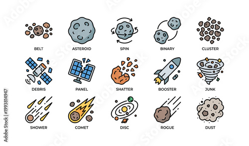 Asteroid and space debris icons arranged in a grid on white background