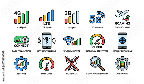 Telecom icons showing signal types on white background