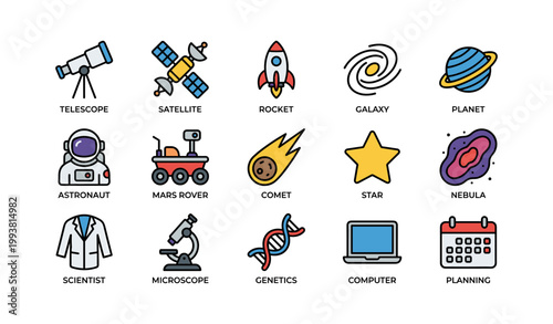 Space and astronomy icons arranged in grid on white background