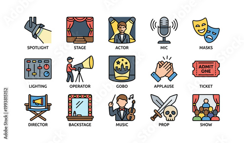 Theater and performance icons showing stage equipment and props