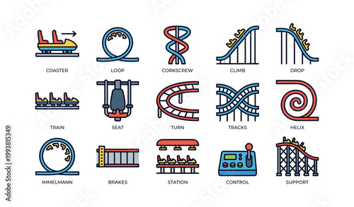 Roller coaster element icons arranged in grid on white background