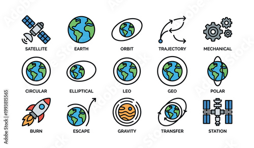 Space icons showing satellite orbit trajectories and planets