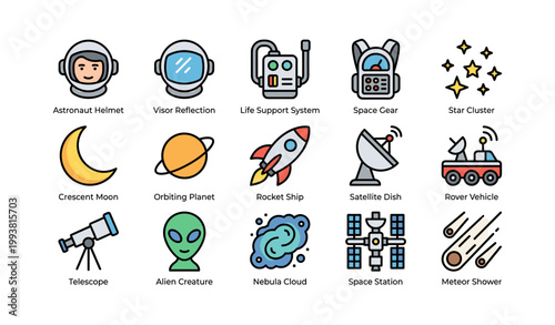 Space icons arranged in grid depicting planets and gear on white
