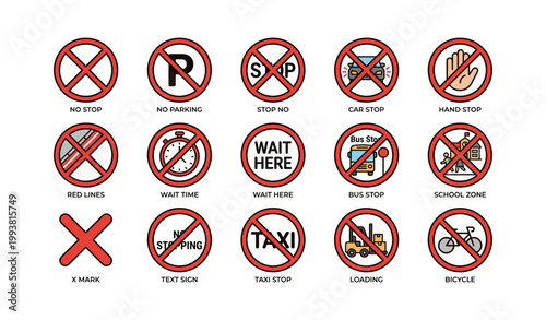 Prohibition signs showing no stopping and parking on white background