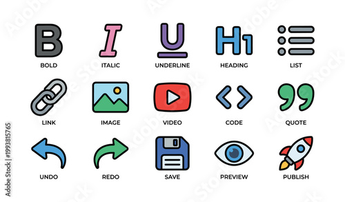 Text and editor icons showing formatting tools and interface actions