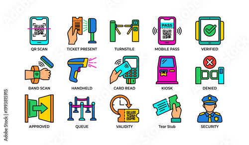 Access and ticketing icons showing scanning and entry symbols on white