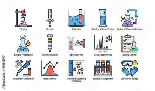 Laboratory instruments and analysis icons on white background