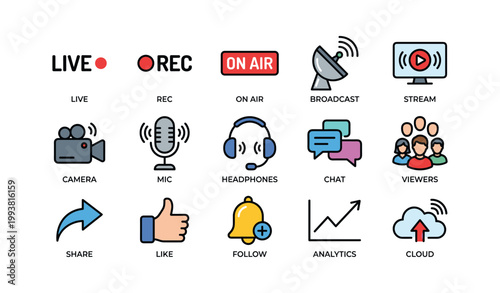 Live streaming and broadcast icons arranged on white background