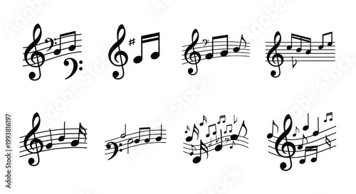 Collection of musical notes clefs and symbols on a white background