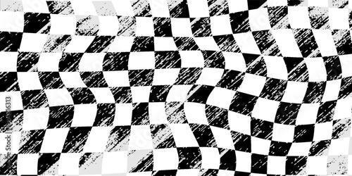 Stylized racing flag illustration with waving checkerboard pattern, high-speed race finish concept, bold perspective distortion, futuristic motorsport backdrop