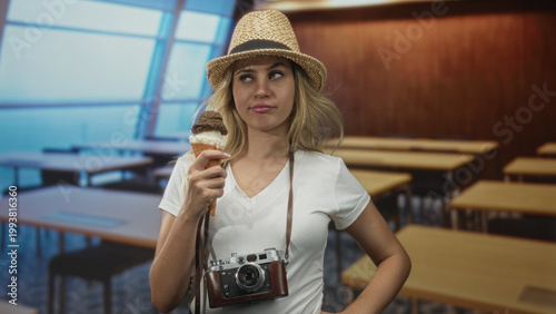 Foto Woman holds ice cream cone and vintage camera in a classroom building with hand on hip; boredom travel