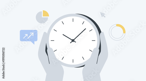 A person holding a clock with various business and productivity symbols surrounding it closely