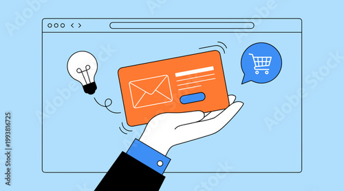 Online shopping and email marketing concept with hand holding credit card in front of browser