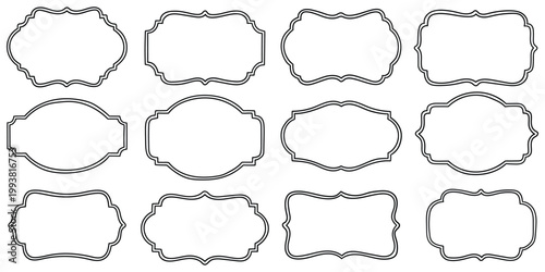 Hand-drawn doodle set of vintage label frames on a white background.