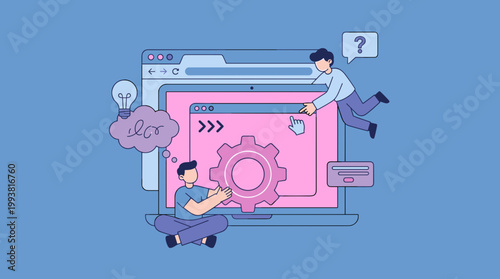 Two men working on a large computer browser with gear and thought bubble illustration concept