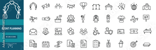 Event planning web line icons set wedding party celebration catering banquet management ceremony web line icons set & more vector illustration on editable stroke