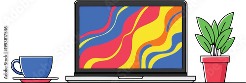 Remote work from home flat vector illustration of laptop with coffee cup and houseplant isolated on white background