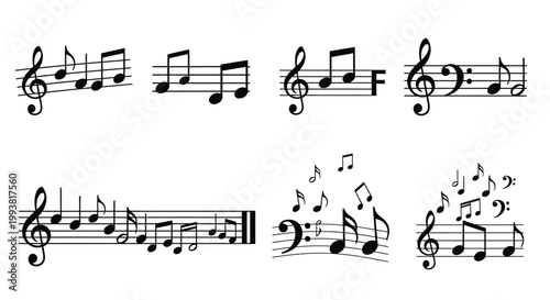Collection of musical notes and symbols on staves depicting various rhythms
