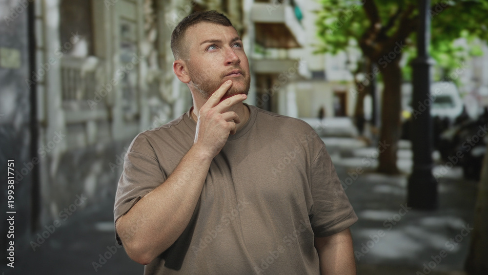 Fototapeta premium Man with hand on chin on street wearing brown tshirt, pensive pose looking upward; thoughtful reflection.