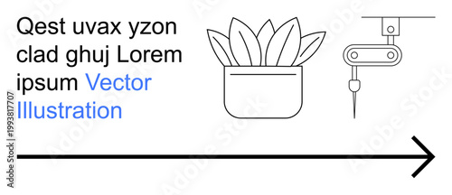 Design, robotics, automation, technology, direction, growth. Features a potted plant, a robotic arm and an arrow. Robotics and technology concepts are highlighted in this abstract composition