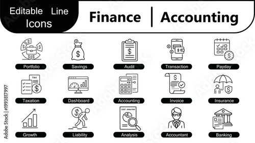 Accounting and Financial Management editable line icon set. Payroll, Profit and Loss, E-invoicing, Budgeting, business tax, bookkeeping, audit services, investment icons. Vector illustration