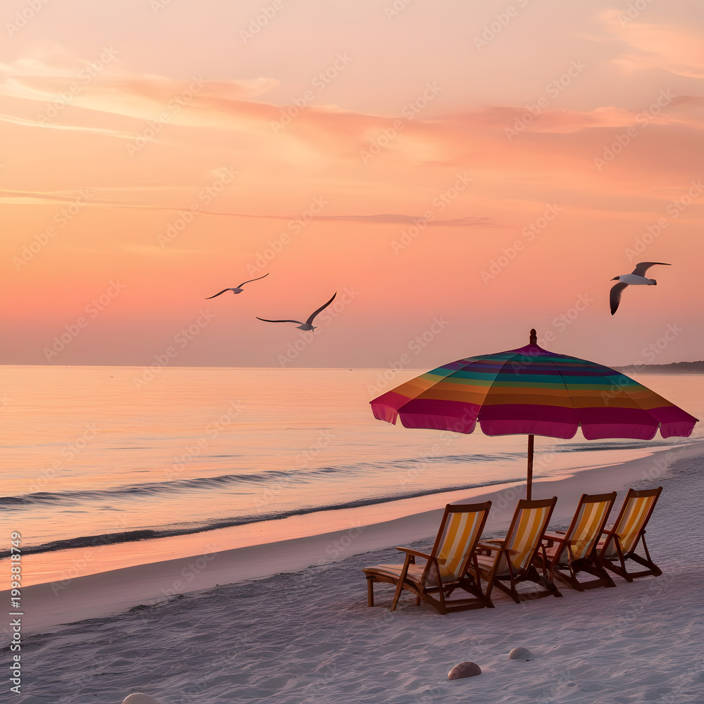 Fototapeta premium Idyllic tropical beach scene at sunset with striped umbrella and lounge chairs, and seagulls flying overhead