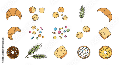Flat Vector Illustration Set of Bakery and Pastry Elements with Croissants Doughnuts Sliced Bread Wheat Ears and Colorful Sprinkles Isolated on White Background