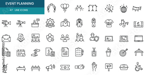 Event management web line icons set ceremony celebration wedding catering party organization web line icons set & more vector illustration on editable stroke