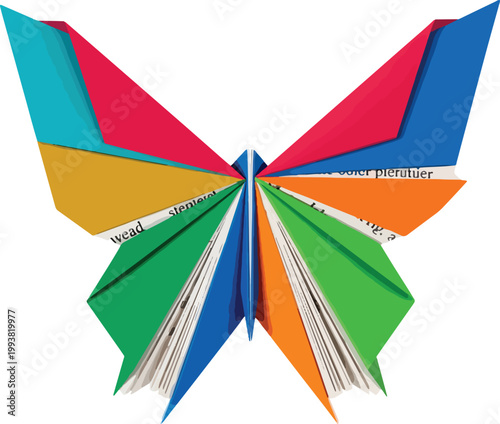 Origami butterfly book vector illustration, colorful paper wings with printed text, creative education and literature concept art on white background