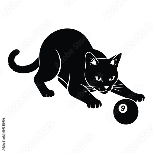 Black cat staring at 9 ball vector illustration on white background without cue stick.