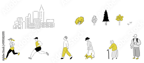 走る人&散歩する人,ビル,木々,公園,ジョギング,ウォーキング,健康,ウェルネス_カラー｜Running & Walking People, Buildings, Trees, Park, Jogging, Walking, Health, Wellness –Color
