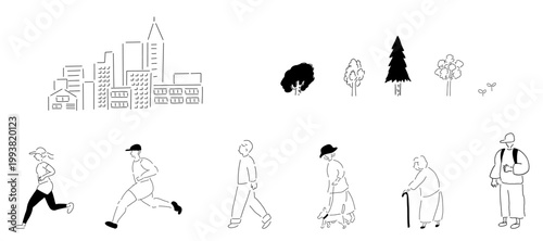 走る人&散歩する人,ビル,木々,公園,ジョギング,ウォーキング,健康,ウェルネス_線画｜Running & Walking People, Buildings, Trees, Park, Jogging, Walking, Health, Wellness – Line Art