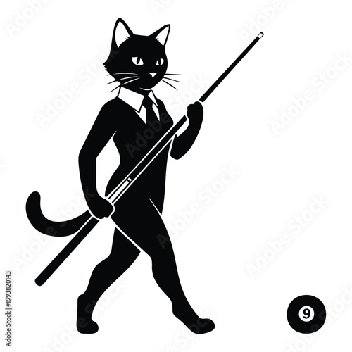 Cat in suit with billiard cue vector illustration walking beside ball.