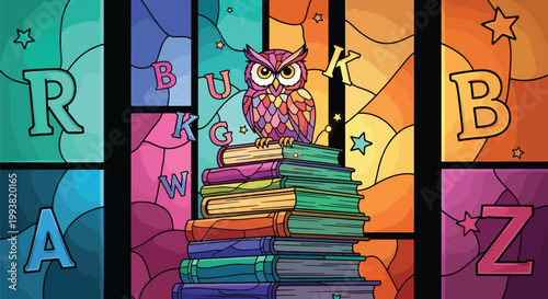 Stained glass owl perched on stack of books, colorful mosaic library background with alphabet letters, whimsical education vector illustration