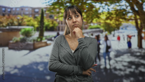 Schilderij op canvas Young woman touching chin in a gray cardigan on a busy city street near trees and building, hand to face gesture as she evaluates surroundings; thoughtful uncertainty