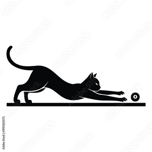 Stretching black cat reaching for pool ball vector illustration minimalist silhouette art.