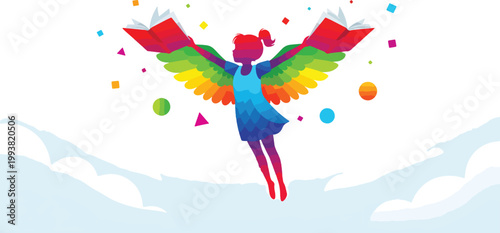 Colorful flying girl with book wings vector illustration, imaginative child reading concept, vibrant rainbow education and literacy art