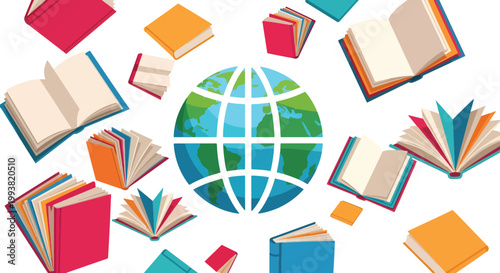Global education concept with flying books around earth globe, colorful textbooks and literature for international learning, flat vector illustration